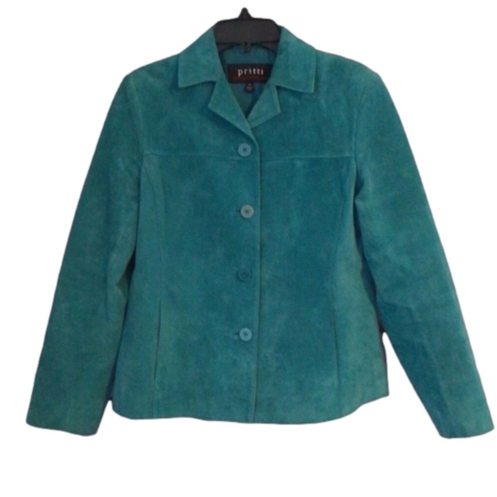 Pritti Woman’s Turquoise Leather Jacket. Size Medium.